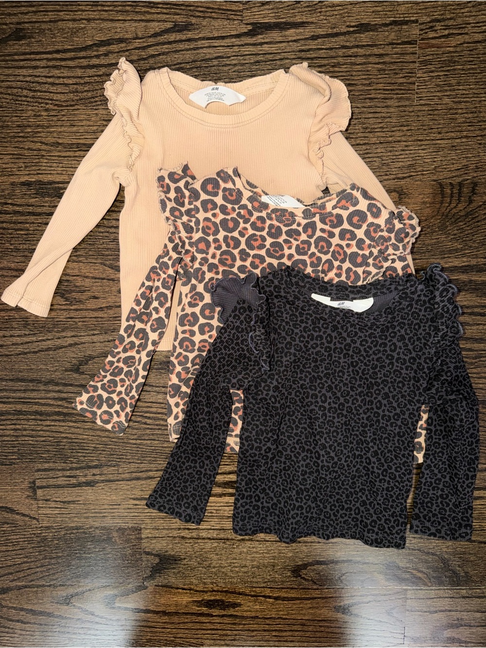 H&M Girls Long Sleeve Ruffle Tops - Blush, Leopard, Black